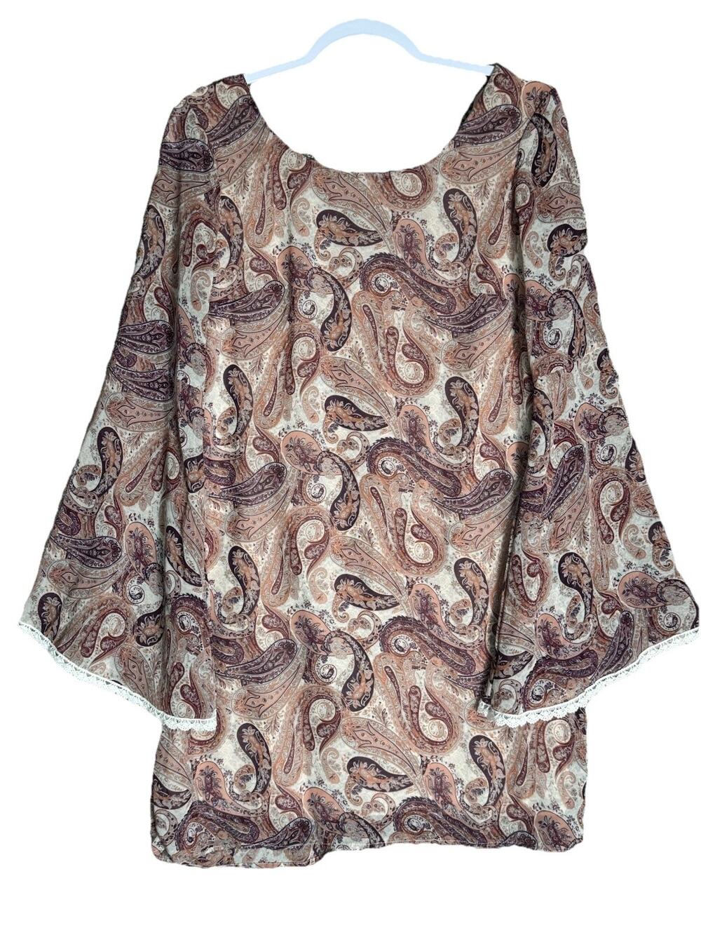 Y2K Indie Boho Womens Paisley Tunic Mini Dress Sz L Flowy Lace Trim Bell Sleeve